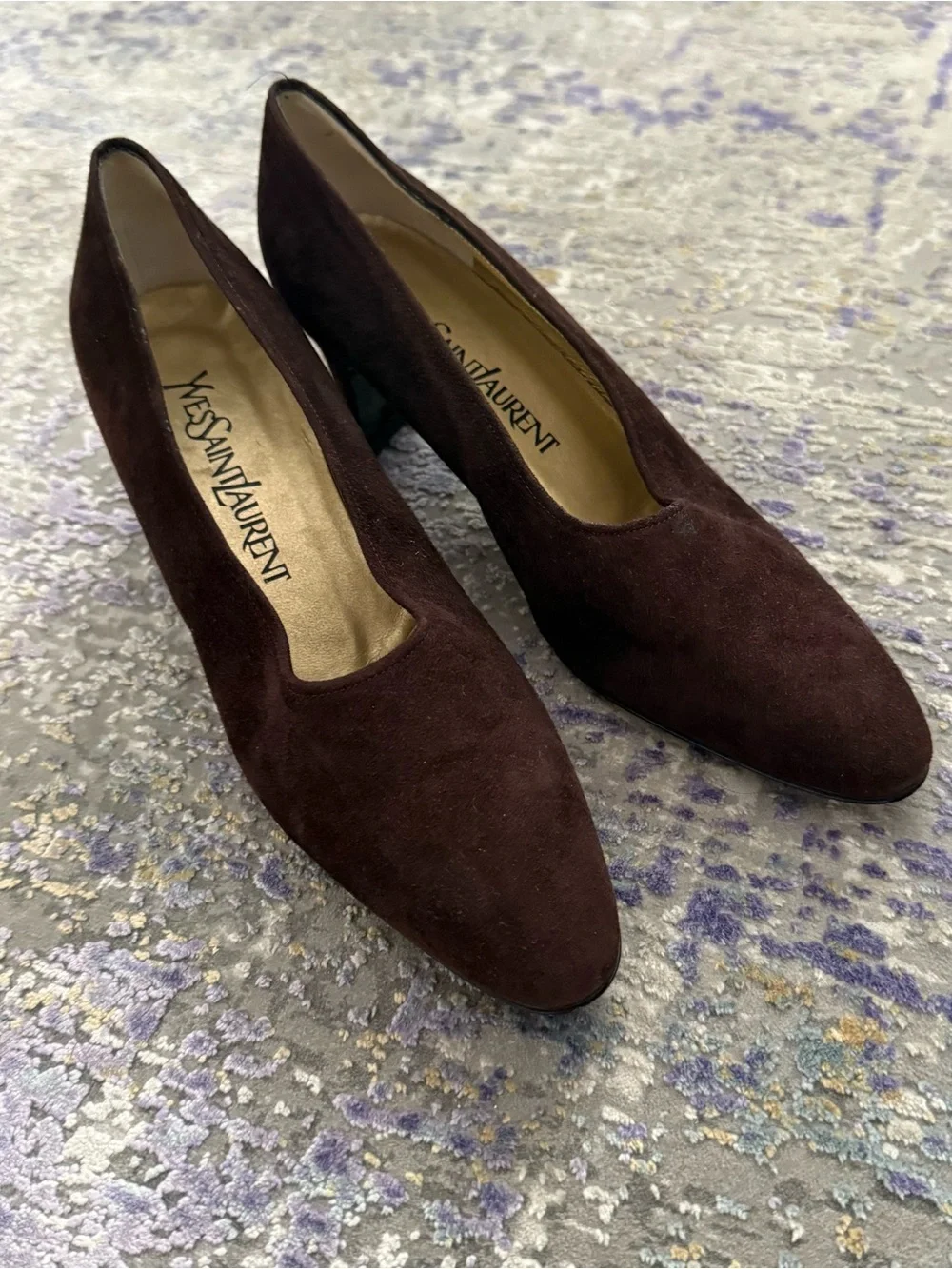 Vintage Yves Saint Laurent Suede Shoes Brown Heels Italy Luigi XV Almond toe - Picture 1 of 11